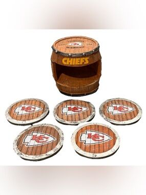 Kansas City Chiefs 5 Coaster Set Barrel Holder KC NFL Football Man Cave EUC